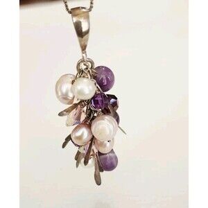 Vintage Cha Cha Pearl Amethyst Bead 925 Sterling 3" Pendant Necklace